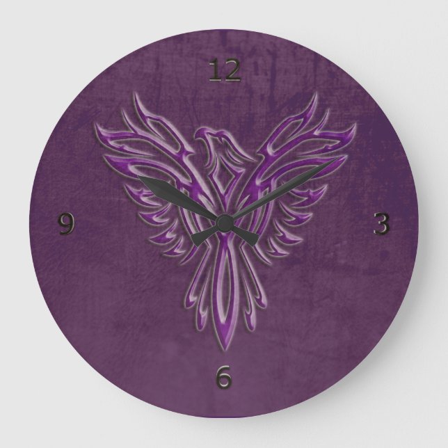 Purple stylised Phoenix Rising, leather texture Large Clock (Front)