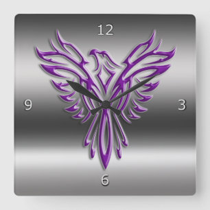 Purple stylised Phoenix Rising on metallic-look Square Wall Clock