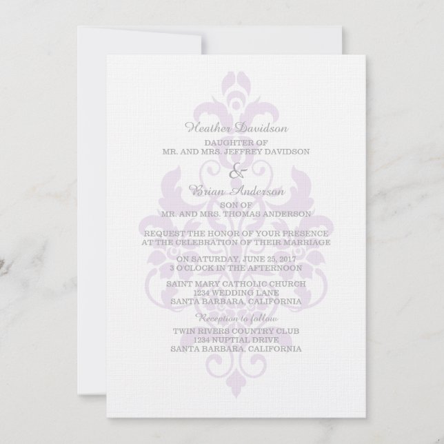 Purple Subtle Damask Wedding Invite (Front)