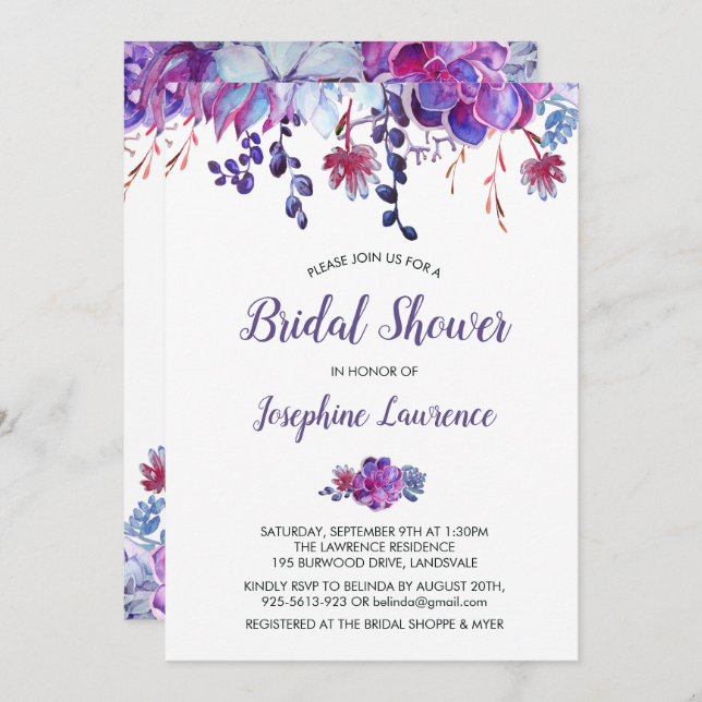 Purple Succulent Foliage Bridal Shower Invitation (Front/Back)