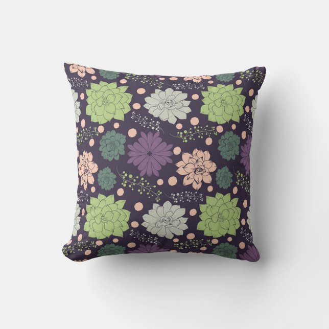 Purple Succulents Floral Pattern Fabric Cushion (Front)