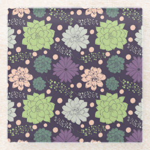 Purple Succulents Floral Pattern Fabric Glass Coaster