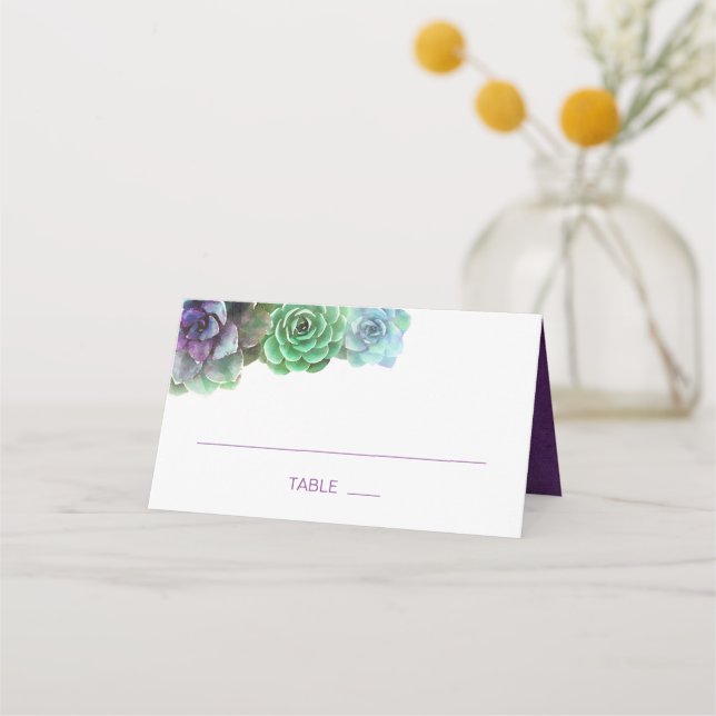 Purple Succulents Floral Wedding Place Card (Front)