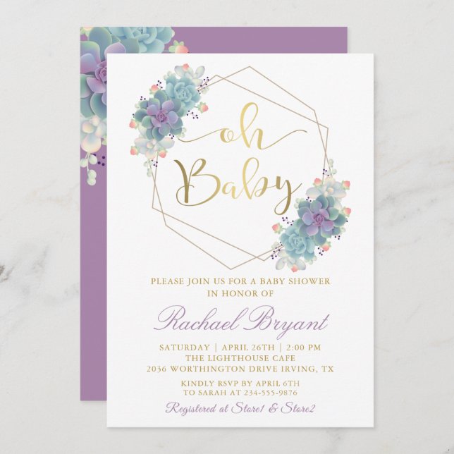 Purple Succulents Gold Geometric Baby Shower Invitation (Front/Back)