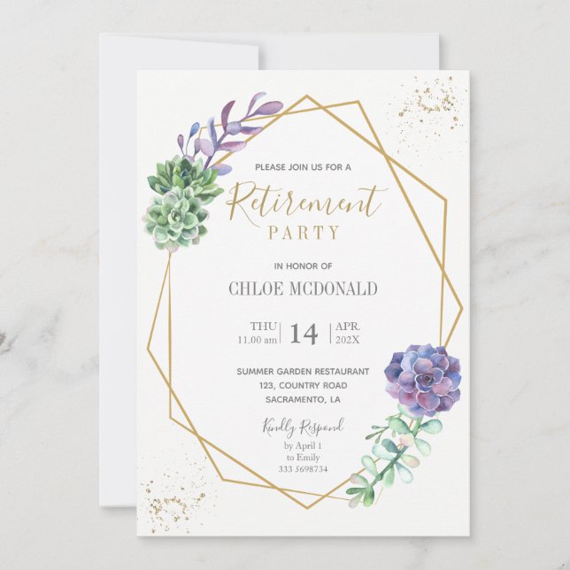 Purple succulents Retirement Party invitation (Front)