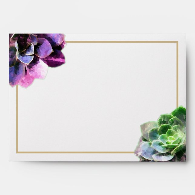 Purple Succulents with Blue Text Tan Line Wedding Envelope (Front)