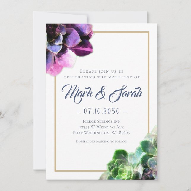 Purple Succulents with Blue Text Tan Line Wedding Invitation (Front)