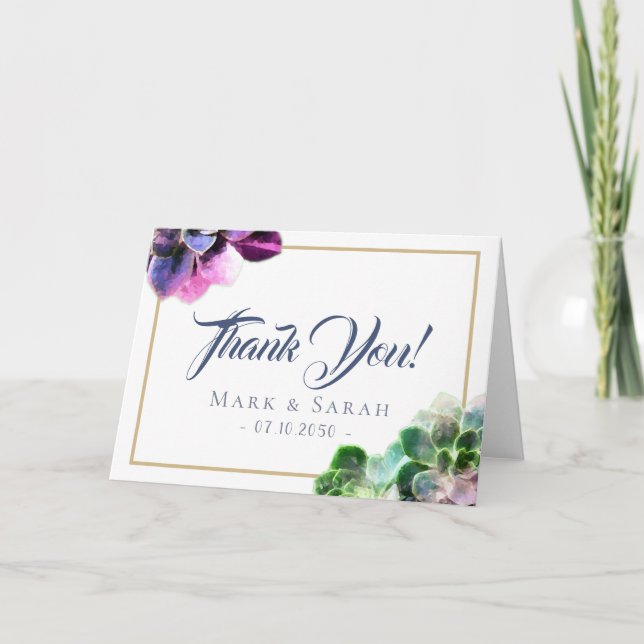 Purple Succulents with Blue Text Tan Line Wedding Thank You Card (Front)