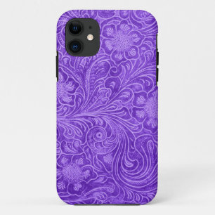 Purple Suede Leather Look Embossed Flowers iPhone 11 Case