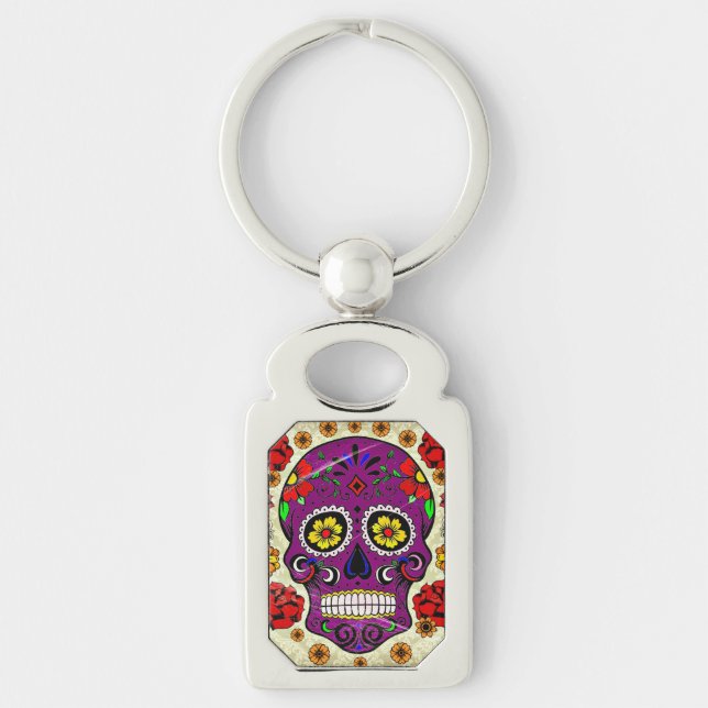 Purple Sugar Skull Day of the Dead Key Chain (Front)