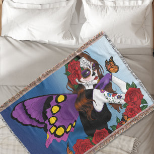 Purple Sugar Skull Fairy Red Roses Monarchs Gothic Throw Blanket