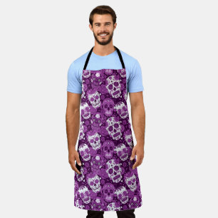 Purple sugar skull floral ornamental pattern apron