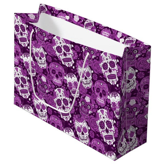 Purple sugar skull floral ornamental pattern large gift bag (Front Angled)