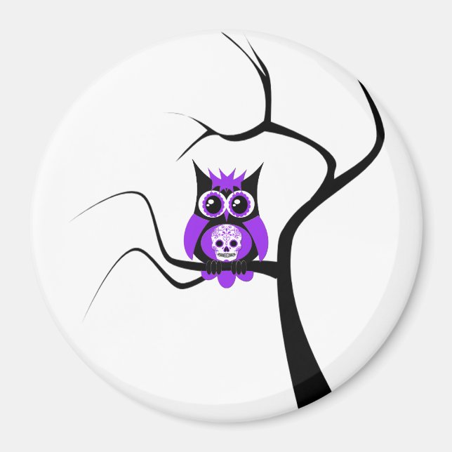 Purple Sugar Skull Owl in Tree Magnet (Front)