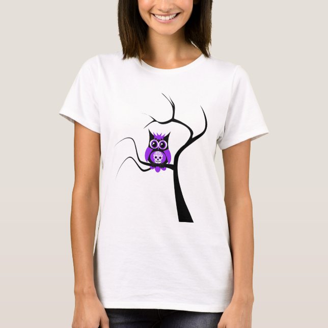Purple Sugar Skull Owl in Tree T-Shirt (Front)