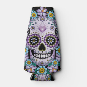 Purple Sugar Skull with Flowers Bottle Cooler