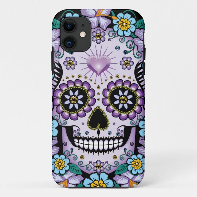 Purple Sugar Skull with Flowers Case-Mate iPhone Case (Back)