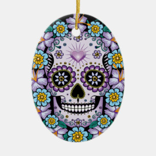 Purple Sugar Skull with Flowers Ceramic Ornament