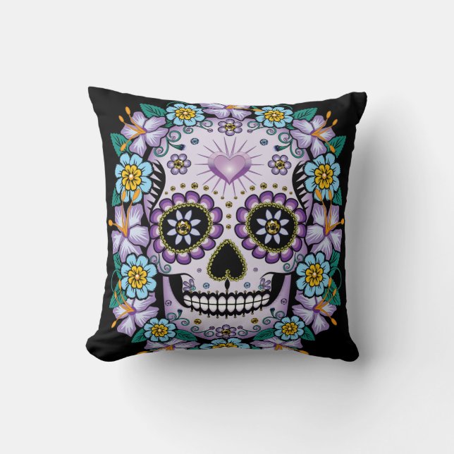 Purple Sugar Skull with Flowers Cushion (Front)