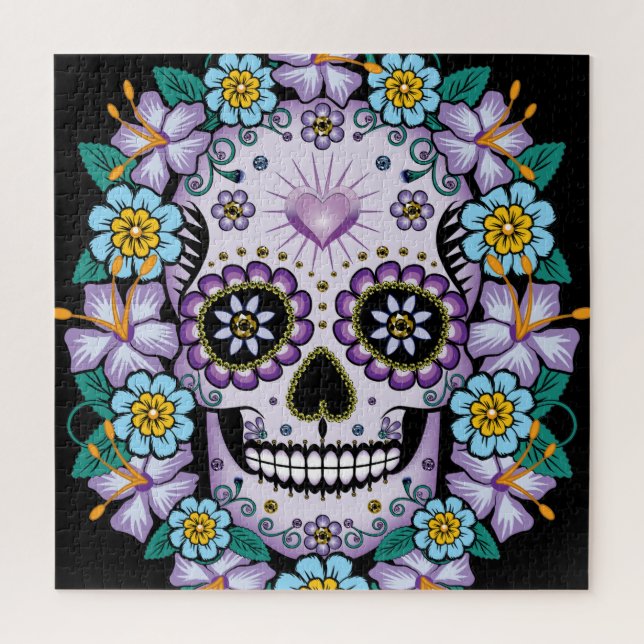 Purple Sugar Skull with Flowers Jigsaw Puzzle (Vertical)