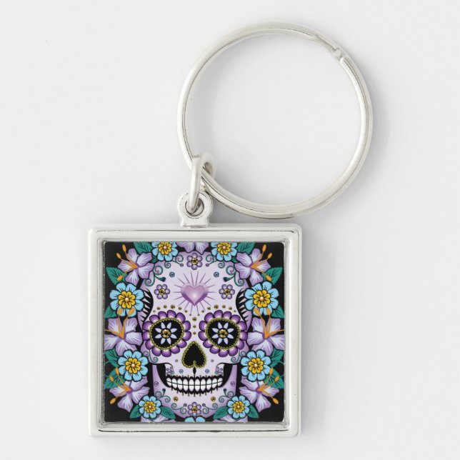 Purple Sugar Skull with Flowers Key Ring (Front)