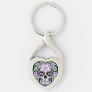 Purple Sugar Skull with Flowers Key Ring