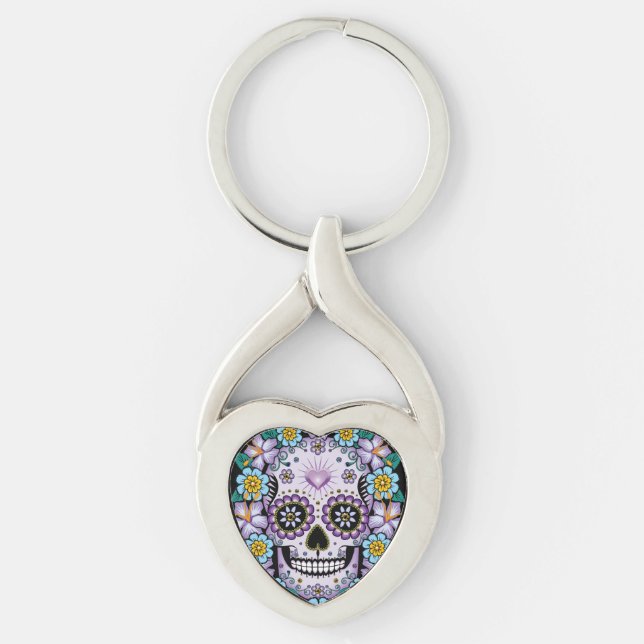 Purple Sugar Skull with Flowers Key Ring (Front)