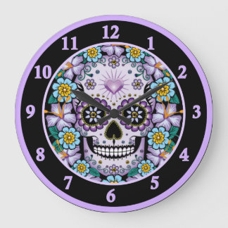 Purple Sugar Skull with Flowers Large Clock