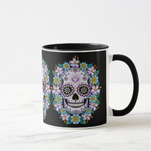 Purple Sugar Skull with Flowers Mug