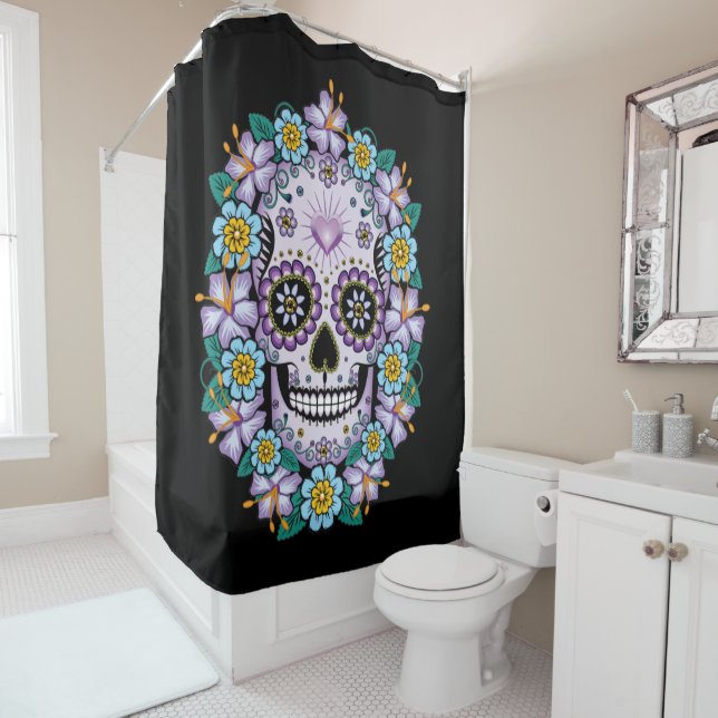 Purple Sugar Skull with Flowers Shower Curtain (In Situ)