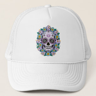 Purple Sugar Skull with Flowers Trucker Hat