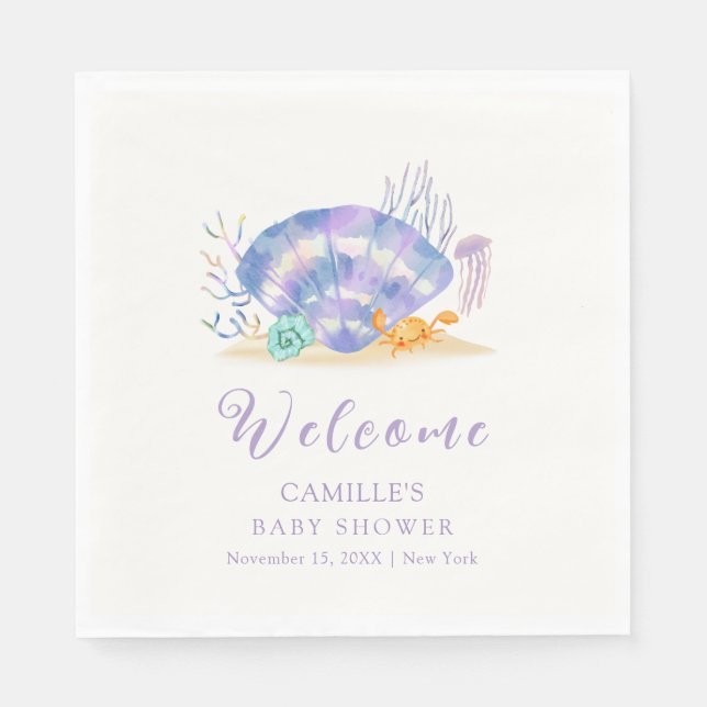 Purple Summer Sea Pearl Girl Baby Shower Welcome  Napkin (Front)