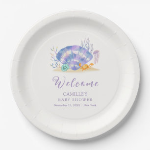 Purple Summer Sea Pearl Girl Baby Shower Welcome  Paper Plate