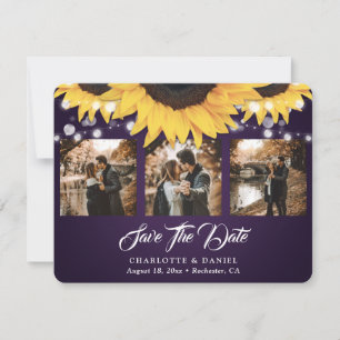 Purple Sunflower 3 Photo Save The Date Cards