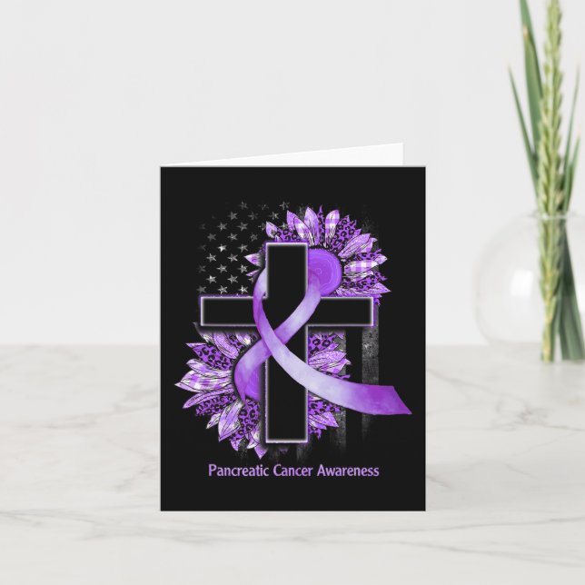 Purple Sunflower Christian Cross Pancreatic Cancer Card (Front)