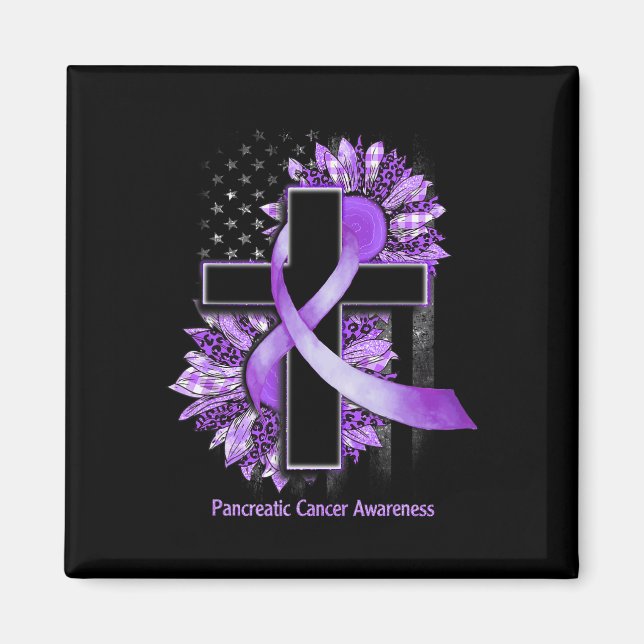Purple Sunflower Christian Cross Pancreatic Cancer Magnet (Front)