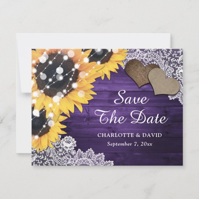 Purple Sunflower Eucalyptus Hearts Wedding Announcement (Front)