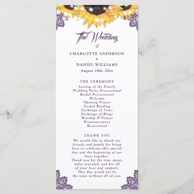 Purple Sunflower Floral Lace Wedding Program (Front)