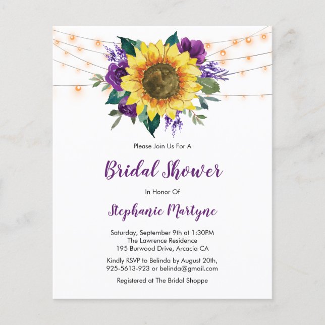 Purple Sunflower Light Budget Bridal Shower Invite (Front)