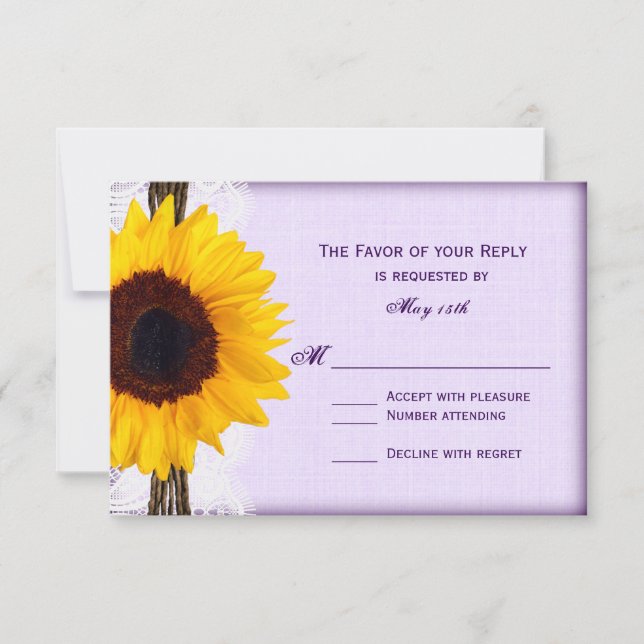 Purple Sunflower Rustic Country Wedding RSVP Cards (Front)