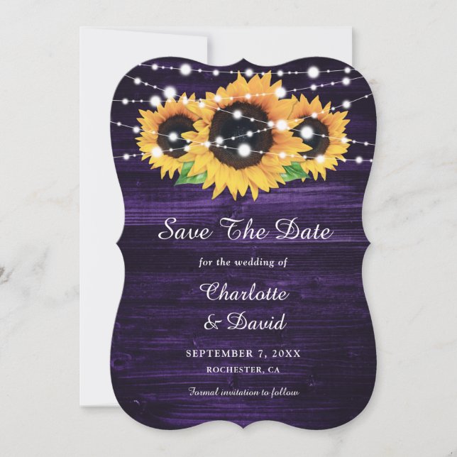 Purple Sunflower Rustic Wood String Lights Save The Date (Front)