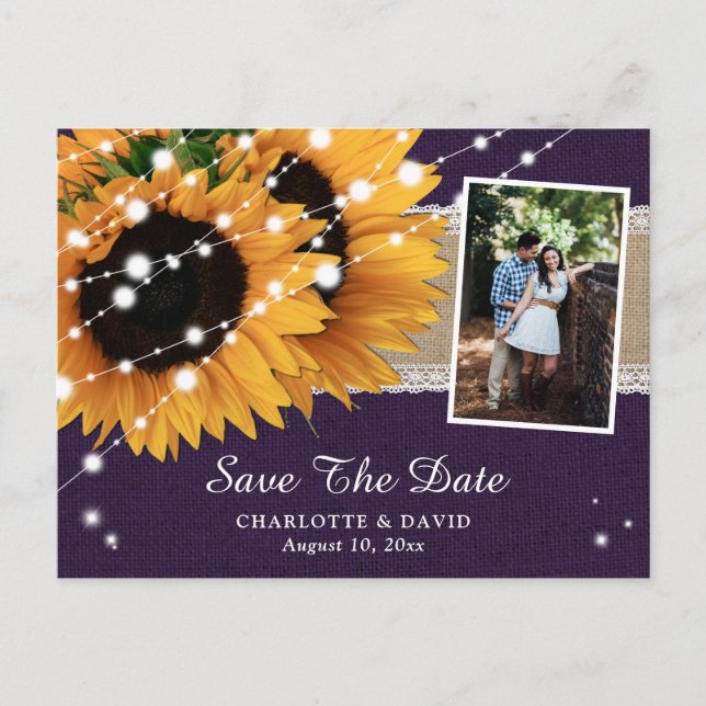 Purple Sunflower Save The Date Photo Postcards (Front)