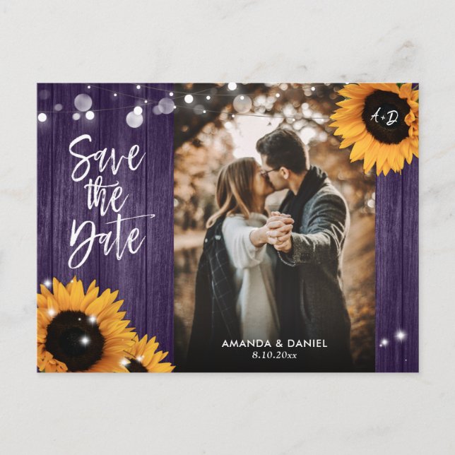 Purple Sunflower Save The Date Photo Postcards (Front)