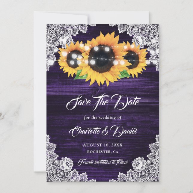 Purple Sunflower String Lights Floral Lace Wood Save The Date (Front)