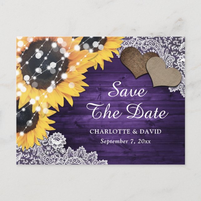 Purple Sunflower Wedding Save The Date Announcement Postcard (Front)