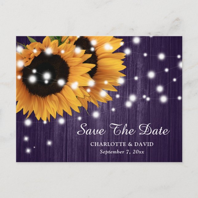 Purple Sunflower Wedding Save The Date Postcard (Front)