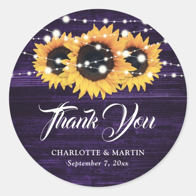 Purple Sunflower Wedding Thank You Stickers (Front)
