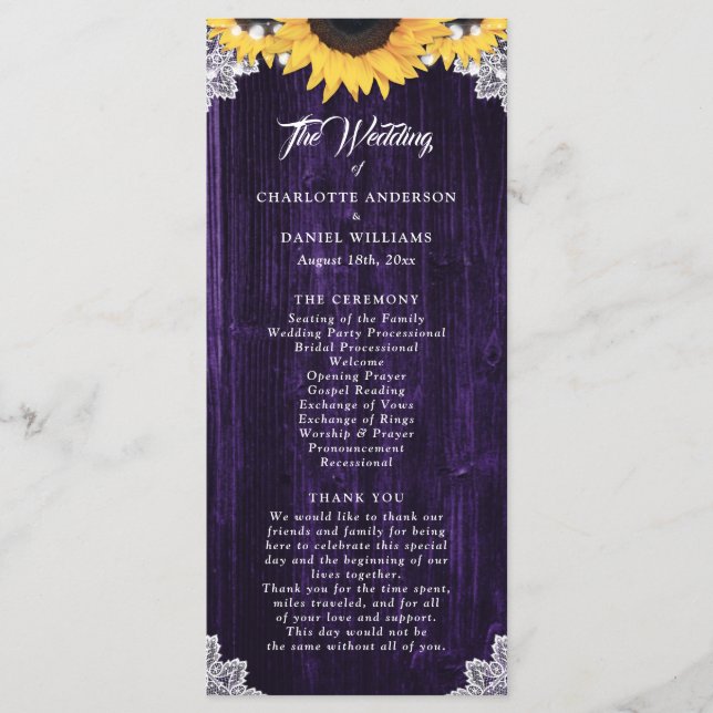 Purple Sunflower Wood Floral Lace Wedding Program (Front)