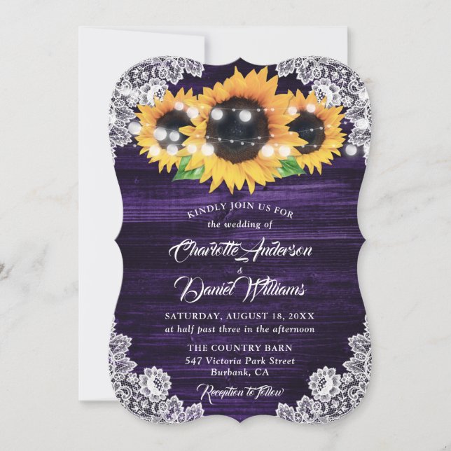Purple Sunflower Wood Lace String Lights Wedding Invitation (Front)