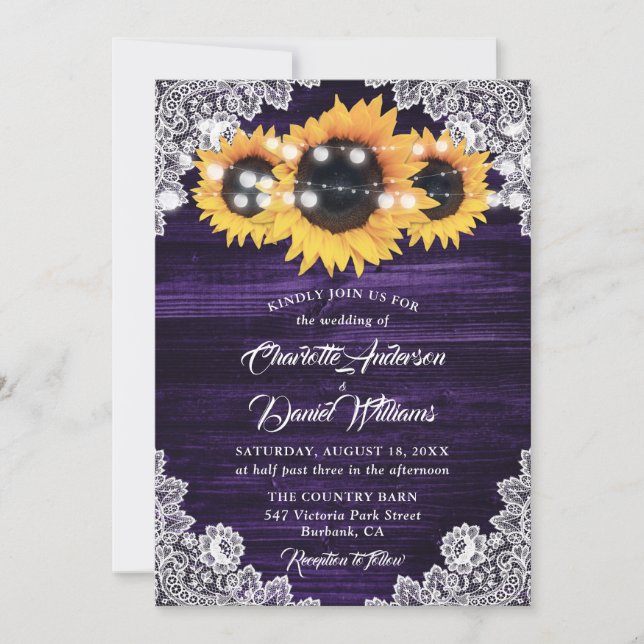 Purple Sunflower Wood Lace String Lights Wedding Invitation (Front)